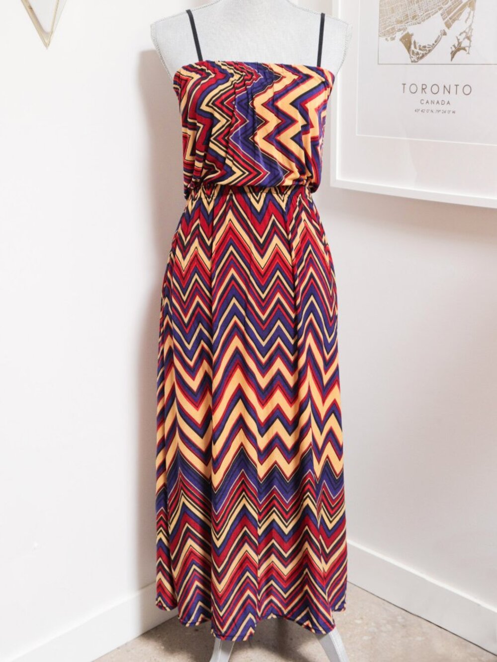 Silk Blend Jewel Tone Zig Zag Pattern Summer Maxi Tube Dress, Casual Island Vibe